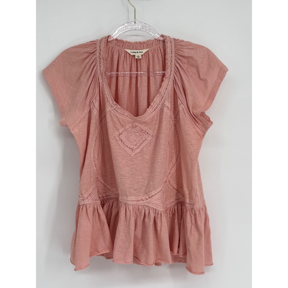 Lucky & Coco Women Pink Lace Crochet Peplum Top Short Sleeve Cotton Mauve Sz L
